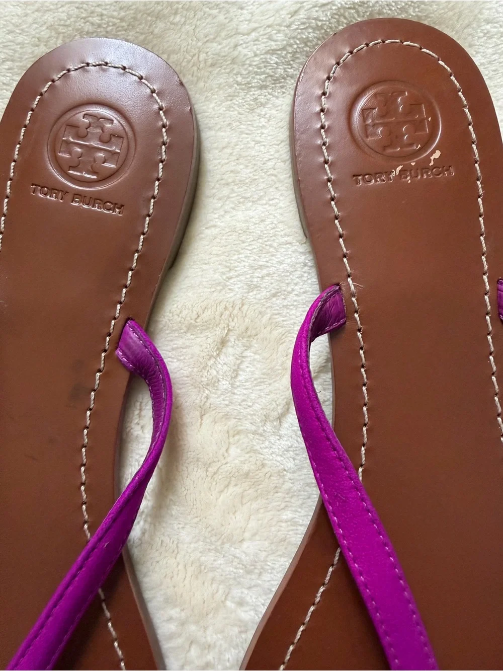Tory Burch Magenta Leather Flip Flop Sandals with Gold Logo